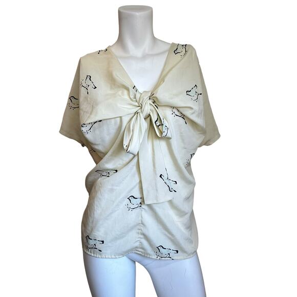 Anthropologie Girls from Savoy Novelty Bird Blouse Raw Trim Edges Cream sz 2 - Picture 1 of 10